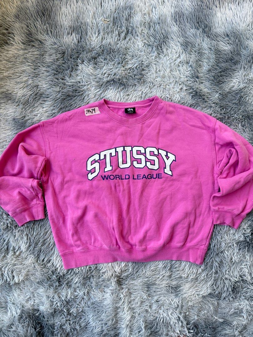 Stussy World League Sweatshirt (Category: Coats, Jackets and Outerwear) located in Legazpi City. Submitted by tiny0509 (Listing ID 1405250956, Image 1). Description: - Authentic Stussy World League sweatshirt - Color: Pink - Size: S - Features the iconic Stussy logo - Made in China - Material: Cotton and Recycled Cotton -oversized .