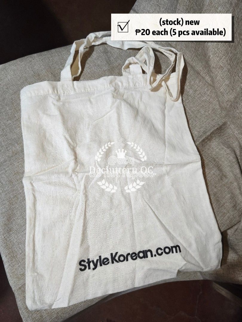 Style Korean Tote Bag (Category: Tote Bags) located in Quezon City. Submitted by Declutteru_QC (Listing ID 1405310851, Image 1). Description: - Brand new tote bag from Style Korean. - Made of durable white fabric. - Features the Style Korean.com logo. - Convenient handles for carrying. - Available quantity: 5 pieces 20 pesos each.
