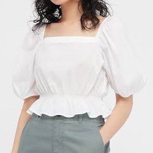 UNIQLO Puff Sleeve Cropped Blouse (Category: Blouses) located in Binan City. Submitted by lemonsundae (Listing ID 1404274082, Image 1). Description: - 2 yellow stains on left sleeve (see pics) - puff sleeves, fitted waist - display pic taken from site rfs: ‘di na cottagecore fits.