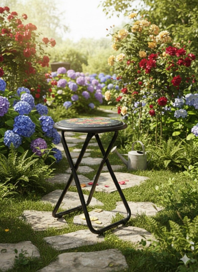Vintage Floral Design Folding Stool (Category: Chairs) located in Imus. Submitted by umusthave23 (Listing ID 1405327468, Image 1). Description: Round Folding Stool Like new Dia. 12.5in x H18in Folding stool with a vibrant floral design - Round seat with colorful flowers on a black background - Sturdy black metal frame - Folds flat for convenient storage - Ideal for both indoor and outdoor settings.