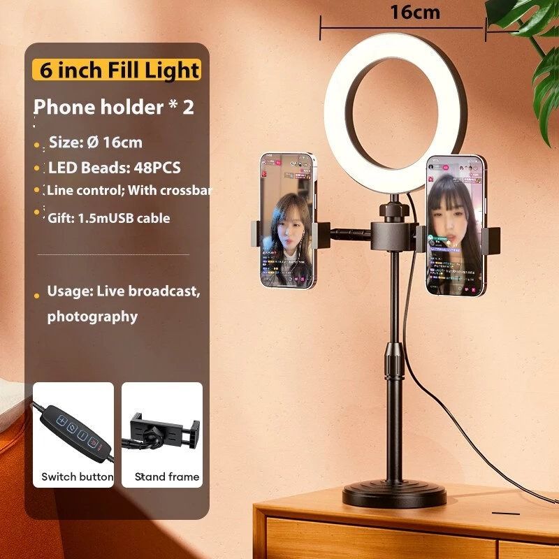 6-inch Fill Light with Phone Holders (Category: Lighting & Studio Equipment) located in Caloocan City. Submitted by ms.lily0120 (Listing ID 1405372162, Image 1). Description: 6-inch fill light is perfect for live broadcasts and photography. It includes two phone holders, 48 LED beads, and a line control with a crossbar. The light has a 16cm diameter and comes with a 1.5m USB cable. It also features a switch button and a stand frame for easy setup