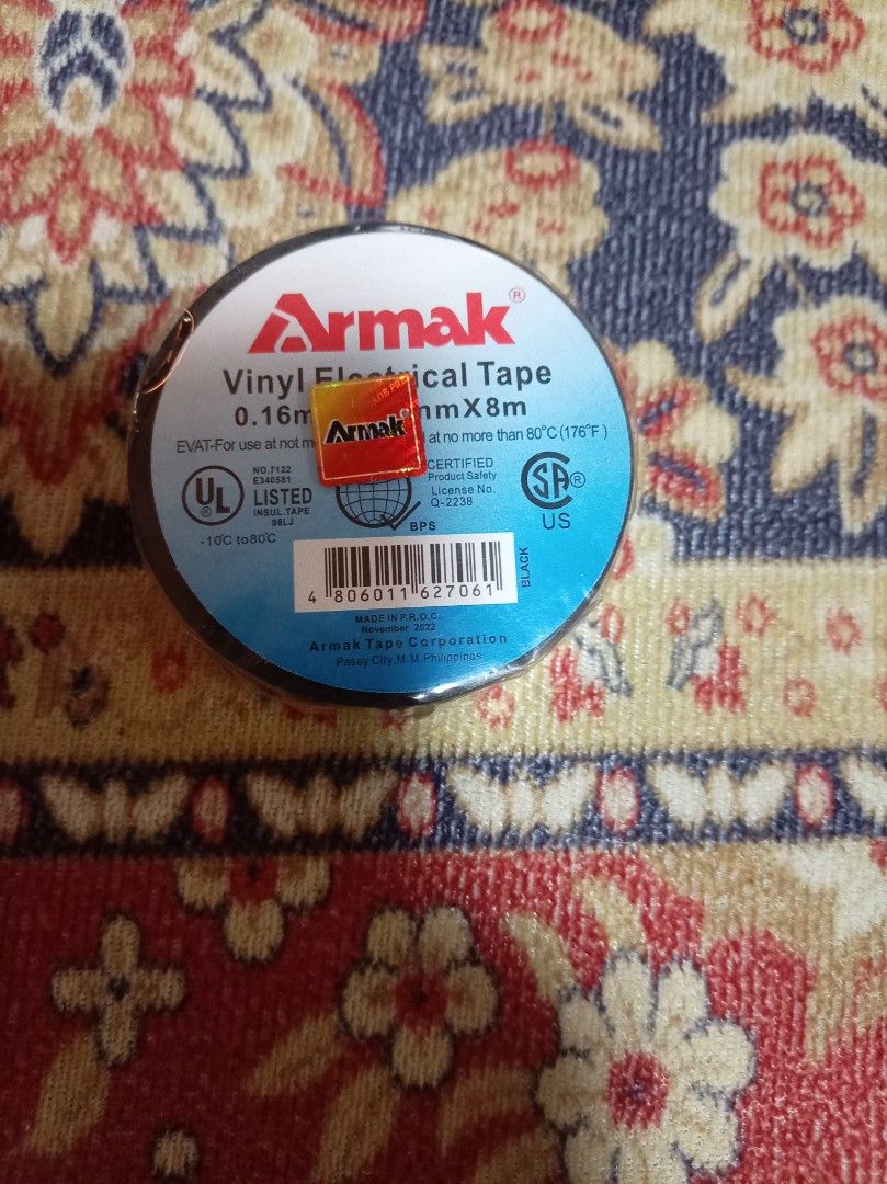 Armak Vinyl Electrical Tape (Category: Construction & Building Materials) located in Makati City. Submitted by giovandbertha1 (Listing ID 1405365372, Image 1). Description: - Armak vinyl electrical tape - 0.16mm x 8m - Suitable up to 80°C (176°F) - Certified by UL and SP - Black color - Price: ₱26.00.