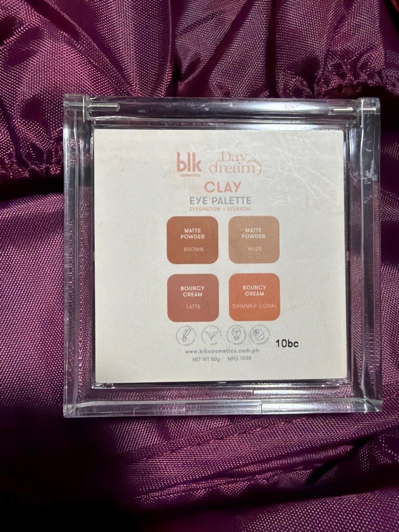 BLK Cosmetics Clay Eyeshadow Palette (Category: Makeup) located in Manila. Submitted by annaang97 (Listing ID 1405365935, Image 2). Description: - Blk Cosmetics Blush Palette - Features four blush shades - Shades include various browns and oranges - Comes in a clear compact - Ideal for a warm, natural makeup look - I’m cool toned and this is not my shade! Swatched only! 😭.