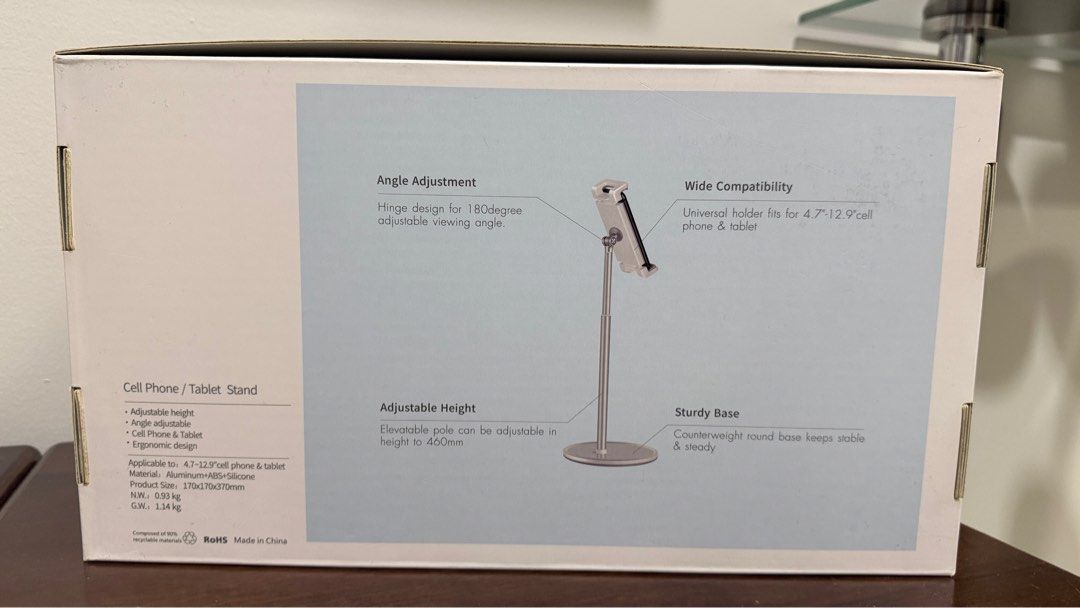 Cell Phone & Tablet Stand (Category: Mounts & Holders) located in Paranaque City. Submitted by seektoshop (Listing ID 1405496237, Image 3). Description: Applicable to: 4.7" to 12.9" cell phone & tablet Material: Aluminum+ABS+Silicone Product Size: 170x170x370mm N.W.: 0.93 kg G.W.: 1.14 kg Angle Adjustment Hinge design for 180 degree adjustable viewing angle Adjustable Height Elevatable pole can be adjustable in height to 460mm Wide Compatibility 