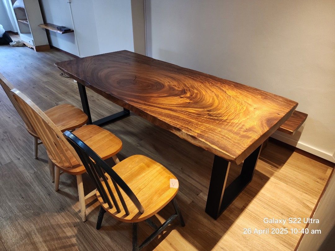 Dining Table (Category: Tables & Sets) located in Singapore. Submitted by manger (Listing ID 1405488698, Image 3). Description: 👍CLEARANCE HOT SALES👍 💙70% DISCOUNT 💙 This week our showroom having promotion clearance sales! displayong wide selection of suar wood slabs. ❤️180cm/200cmx85cmx8cm with black iron powder coated base promotion price $788/$888 Usual price $1888/$1988❤️ We open daily ( Mon-Sat ) 9-7pm (Sunday and public holiday) open 12
