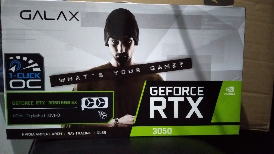 GALAX GeForce RTX 3050 6GB EX (Category: Computer Parts) located in San Pedro. Submitted by golden.boy (Listing ID 1405364610, Image 1). Description: - GALAX GeForce RTX 3050 6GB EX graphics card - New and sealed - Features: 1-Click OC, Ray Tracing, DLSS - Ports: HDMI, DisplayPort, DVI-D brand new with receipt from pcworx warranty till nov 2026 meetup sa malapit, pag shipping sagot mo fee san pedro laguna location.