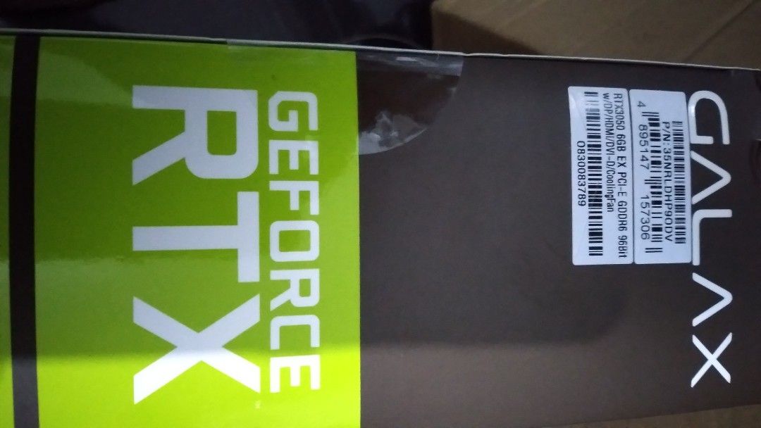 GALAX GeForce RTX 3050 6GB EX (Category: Computer Parts) located in San Pedro. Submitted by golden.boy (Listing ID 1405364610, Image 2). Description: - GALAX GeForce RTX 3050 6GB EX graphics card - New and sealed - Features: 1-Click OC, Ray Tracing, DLSS - Ports: HDMI, DisplayPort, DVI-D brand new with receipt from pcworx warranty till nov 2026 meetup sa malapit, pag shipping sagot mo fee san pedro laguna location.