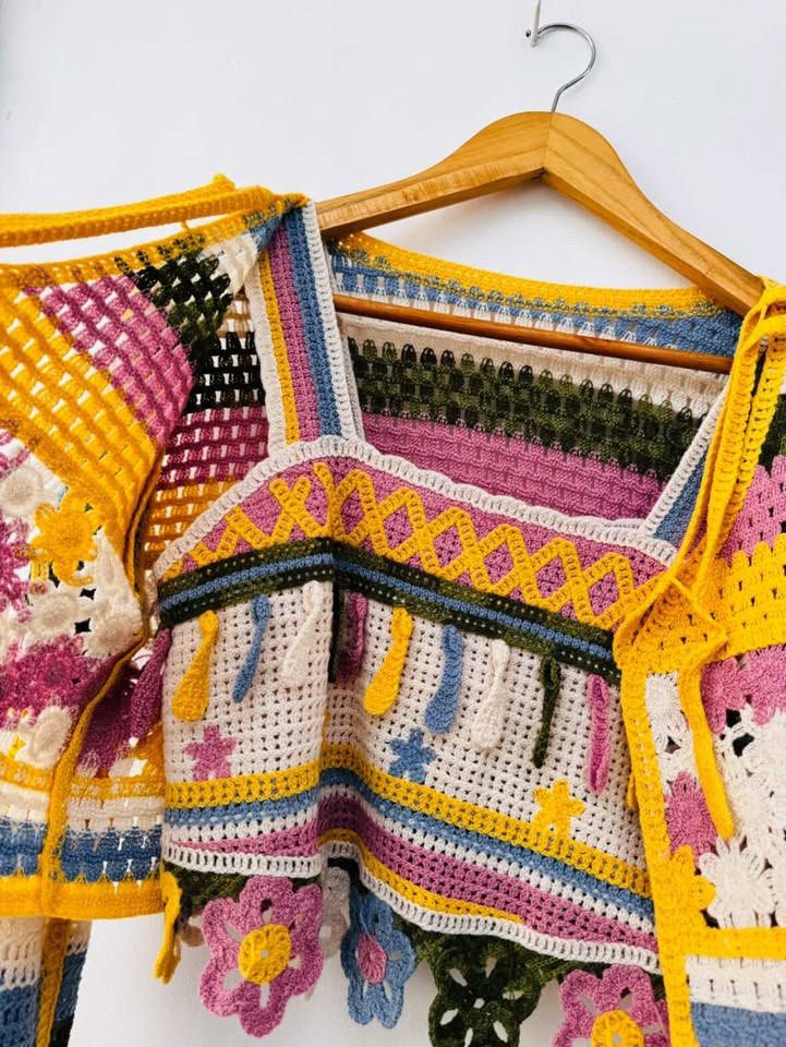 Handmade Crochet Top and Cardigan Set (Category: Sets or Coordinates) located in Makati City. Submitted by evacakess (Listing ID 1405482220, Image 3). Description: - Handmade crochet set - Includes cropped cardigan and matching top - Features a colorful striped pattern - Adorned with floral and fringe details - Cardigan has long sleeves and tie closure - Top has a square neckline and floral accents - Perfect for a bohemian or vintage-inspired loo