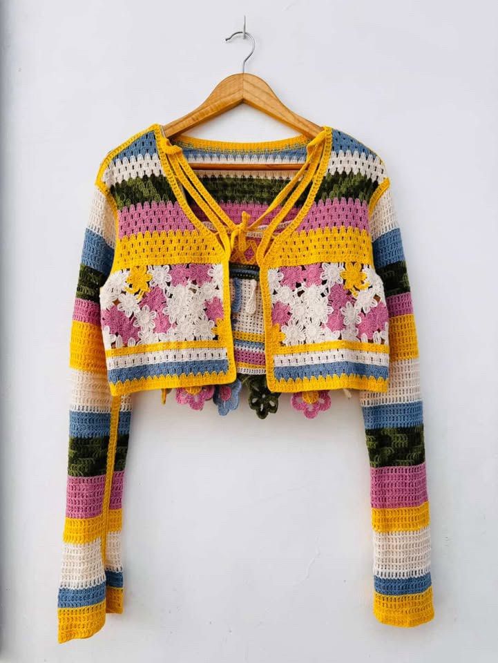 Handmade Crochet Top and Cardigan Set (Category: Sets or Coordinates) located in Makati City. Submitted by evacakess (Listing ID 1405482220, Image 1). Description: - Handmade crochet set - Includes cropped cardigan and matching top - Features a colorful striped pattern - Adorned with floral and fringe details - Cardigan has long sleeves and tie closure - Top has a square neckline and floral accents - Perfect for a bohemian or vintage-inspired loo