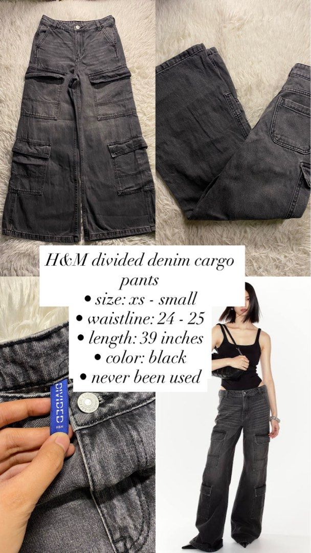 H&M Divided Denim Cargo Pants (Category: Jeans) located in Caloocan City. Submitted by ky.mndjr (Listing ID 1405470008, Image 2). Description: H&M divided denim cargo pants size: xs - small waistline: 24 - 25 length: 39 inches color: black never been used.