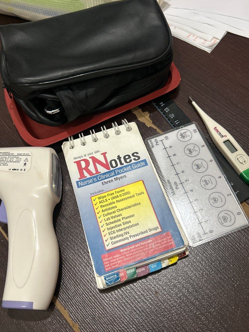 Medical Kit with Thermometer and RN Notes (Category: Medical Supplies & Tools) located in Manila. Submitted by declutteringclubbbb (Listing ID 1405452142, Image 1). Description: price still negotiable !! - Medical kit for student nurses. - Includes a Medica blood pressure monitor, in working condition, not much damage - Features 2 thermometers - Contains a nurse's pocket guide. - Comes with a black carrying case. no batteries included! .
