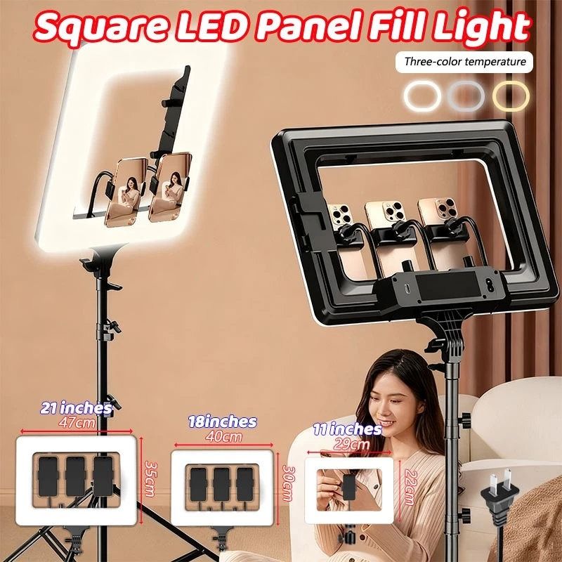 Square LED Panel Fill Light with Stand (Category: Lighting & Studio Equipment) located in Caloocan City. Submitted by ms.lily0120 (Listing ID 1405376117, Image 1). Description: Square LED panel fill light offers three-color temperature options. It comes with a stand and phone holders, perfect for live streaming or video recording. Available in three sizes: 21 inches (47cm), 18 inches (40cm), and 11 inches (29cm). The light is designed to provide 