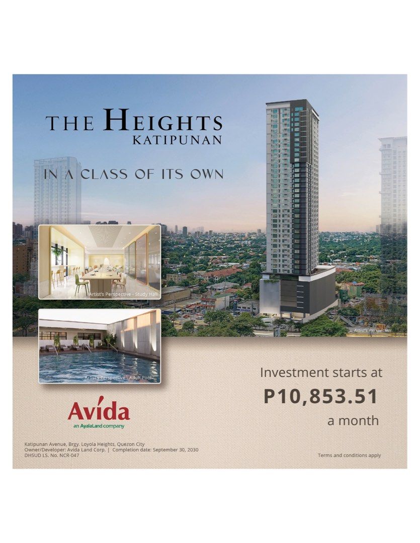 The Heights Katipunan (Category: Apartments & Condos) located in Quezon City. Submitted by buyersellerqcnova (Listing ID 1405353117, Image 1). Description: RARE INVESTEMENT OPPORTUNITY First ever Avida (An Ayala Brand) Residential Condominium along Katipunan Avenue, Lotola Heights, Quezon City Units Offered: Studio 1BR 2BR (extremely rare) Parking Key Features • Near Prestige Schools (Miriam College, Ateneo de Manila University, UP Diliman) • Nea