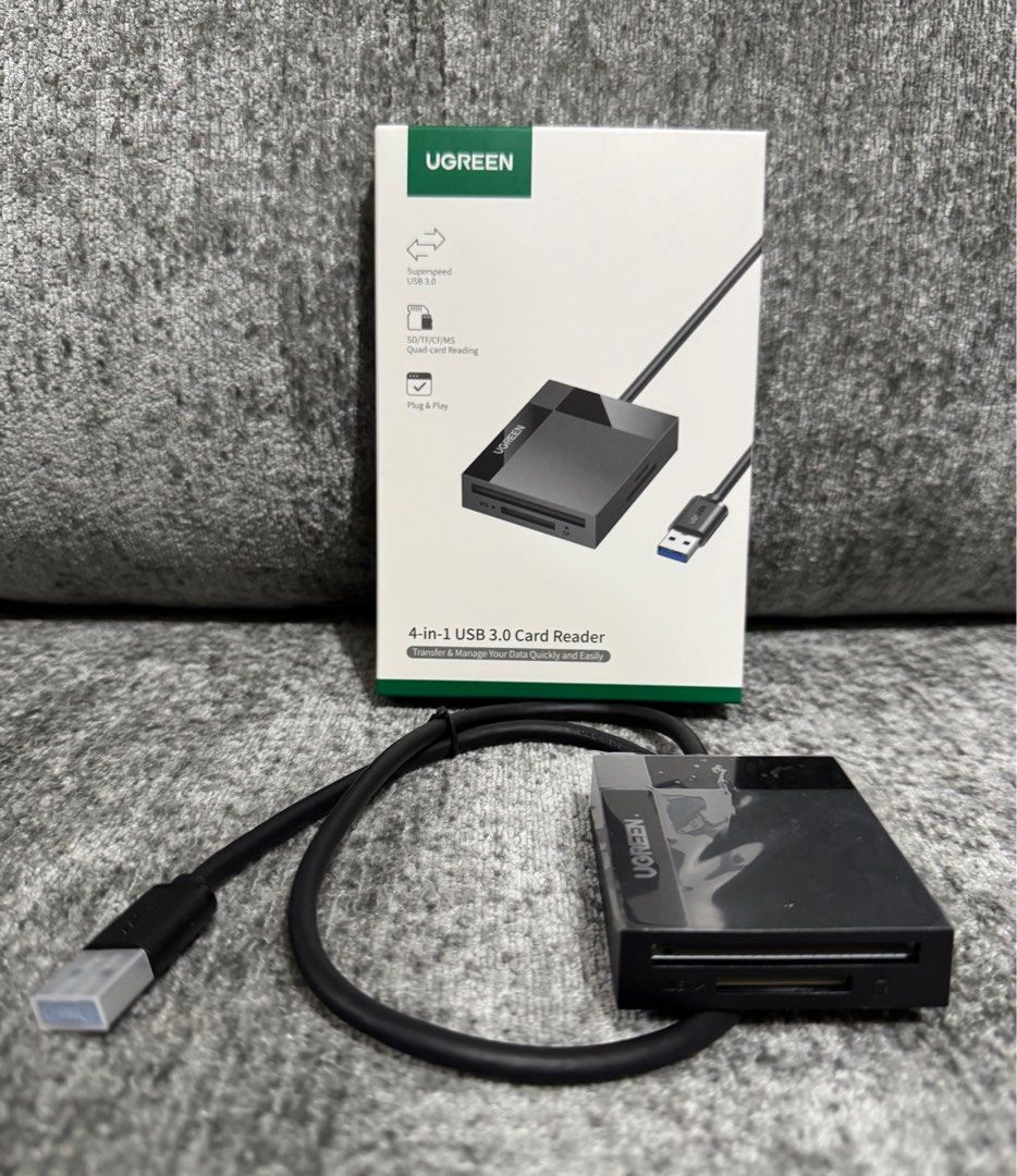 UGreen 4-IN-1 USB 3.0 Card Reader 5Gbps TRANSFER RATE (Black) (Category: Cables & Adaptors) located in Makati City. Submitted by jc.cuerdo (Listing ID 1405511978, Image 2). Description: Transfer More in Less Time Longer Cable Cord 1.7 ft cable provides more convenience and accessibility, making ports easier to reach. Instant Connection Plug and play for most operation systems, it works immediately once connecting to USB-A 3.0 port. 1146800 CR125 
