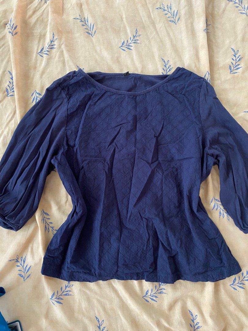 Uniqlo Navy Blue Embroidered Blouse (Category: Blouses) located in Manila. Submitted by _lavndr (Listing ID 1405474557, Image 1). Description: 📍Metro Mnl - fits medium to large - perfect for everyday and formal outfits - color may vary due to lighting - shipping is shouldered by the buyer - can do same day delivery or jnt rfs: decluttering .