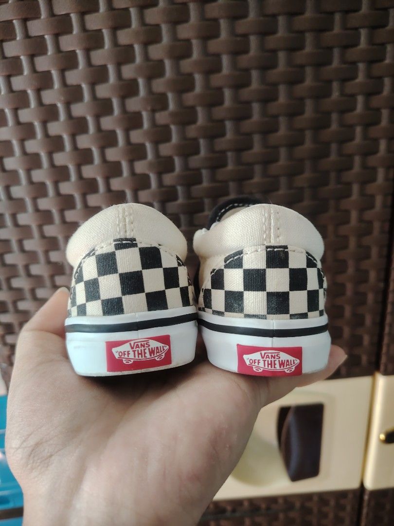 Vans Checkerboard Slip-On Toddler Shoes (Category: Babies & Kids Fashion) located in Baguio. Submitted by tyragailcollection2600 (Listing ID 1405419299, Image 3). Description: - Vans Checkerboard Slip-On toddler shoes - US size 8.0 -12cm - Iconic checkerboard pattern - Easy slip-on design - Features Vans logo - Some wear on soles.