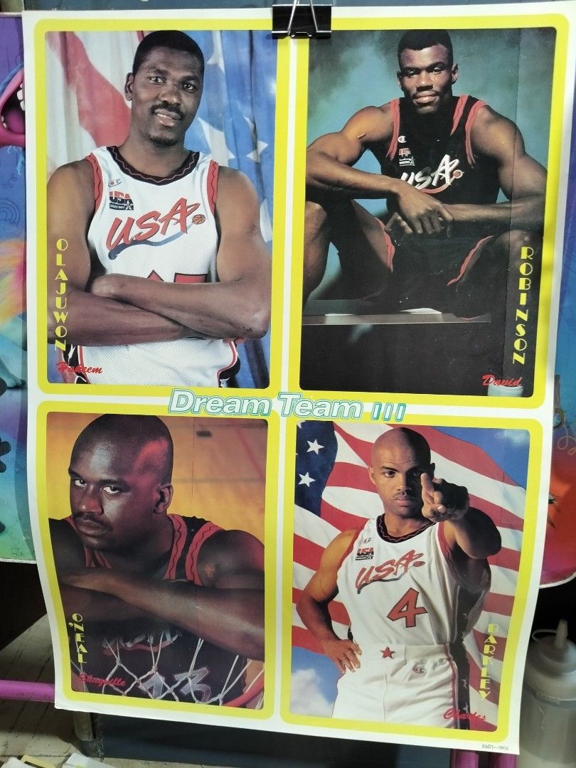 Vintage Dream Team III Poster (Category: Vintage Collectibles) located in Manila. Submitted by tawnycollectiblesshop (Listing ID 1405349280, Image 1). Description: - Dream Team III poster - Features Hakeem Olajuwon, David Robinson, Shaquille O'Neal, and Charles Barkley - Players in USA jerseys - Includes a clip to hold the poster - American flag background.