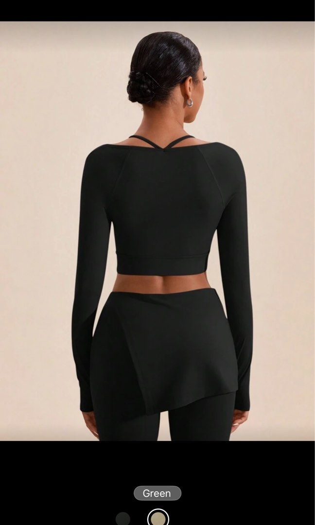 Black Activewear Set (Category: Activewear) located in Mandaluyong City. Submitted by meridaaa (Listing ID 1405662369, Image 3). Description: - Black activewear set - Long-sleeved crop top with square neckline and built-in bra - Matching flared pants with wrap design - Made of stretchy, form-fitting material.