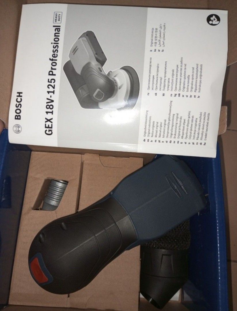 Bosch GEX 18V-125 Professional Cordless Sander (Category: Construction Tools & Equipment) located in Manila. Submitted by captainkenneth (Listing ID 1405710475, Image 3). Description: - Bosch GEX 18V-125 Professional Cordless Random Orbit Sander - Includes: Sanding paper, dust bag, and charger - 18V - Speed: 6000-10000 RPM - Heavy-duty for various sanding tasks.