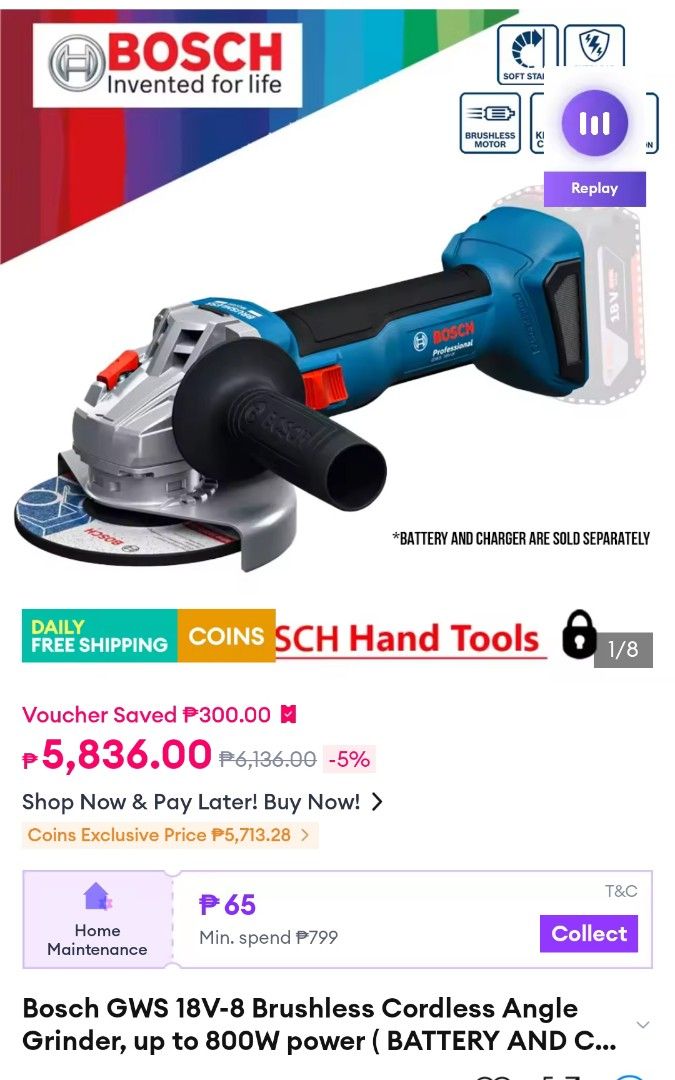 Bosch GWS 180-LI Cordless Angle Grinder (Category: Construction Tools & Equipment) located in Manila. Submitted by captainkenneth (Listing ID 1405709586, Image 3). Description: Bosch GWS 180-LI Professional cordless angle grinder. The box includes the grinder, an auxiliary handle, and a manual. It is an 18V angle grinder. Battery and charger are sold separately. The grinder has a soft start and a brushless motor. It is designed for up to 800W pow