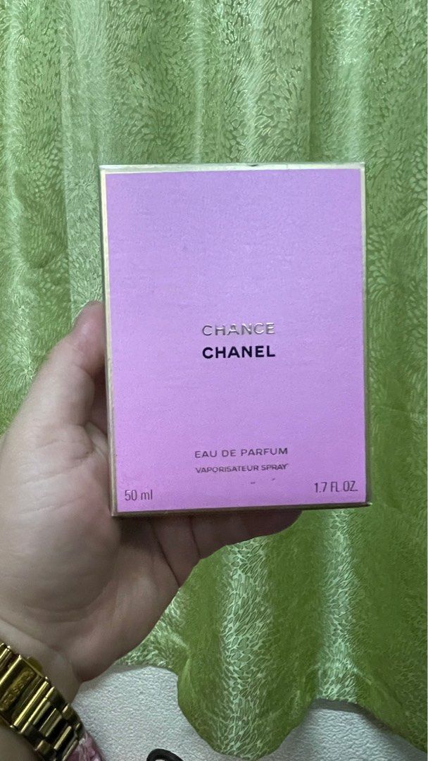 Chanel Chance Eau de Parfum 50ml (Open Seal) (Category: Fragrance & Deodorants) located in Manila. Submitted by Lorebie (Listing ID 1405634142, Image 2). Description: - Chanel Chance Eau de Parfum - 50ml bottle - Sealed box - Light purple box with gold lettering - Vaporisateur spray.