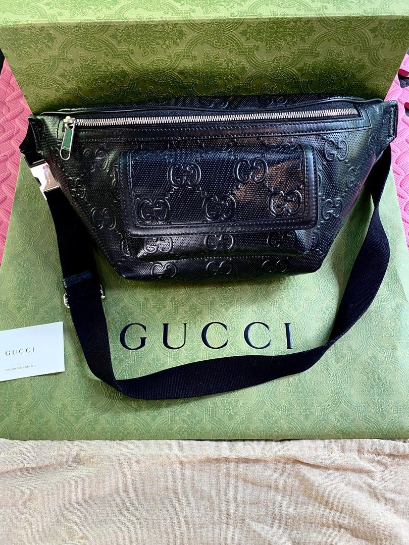 Gucci GG Embossed Belt Bag BLACK SIZE LARGE (Category: Luxury Bags & Wallets) located in Makati City. Submitted by chuckap (Listing ID 1405545324, Image 1). Description: Condition:9.5/10 no damages over all bag only minor wear in magnet flap which is normal from opening and closing Full set: Box , dust bag, tags, and gucci store bag - Authentic Gucci belt bag - Embossed GG pattern - Zip closure - Adjustable strap - Small front pocket - Includes d
