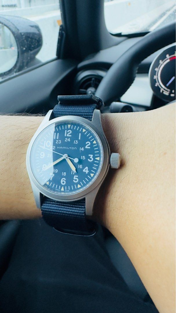 Hamilton Khaki Field Watch (Category: Men's Watches) located in Las Pinas. Submitted by bluepandam (Listing ID 1405544595, Image 1). Description: Hamilton khaki field 38mm Blue dial Thickness 9.5mm Stainless steel Sapphire crystal 80hrs power reserve 50m water resistance Mechanical movement Complete set Purchased local AD Pre-loved condition Tool watch Meetups pasig,bgc,makati Payment : cash,gcash, bank transfer.