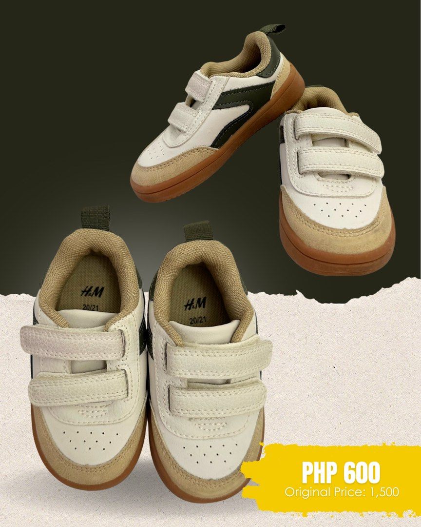 H&M Baby Sneakers (Category: Babies & Kids Fashion) located in General Trias. Submitted by jervie.camantigue (Listing ID 1405660159, Image 1). Description: - H&M baby sneakers - Size: 20/21 - Color: White and brown - Features: Velcro straps for easy wear - Price: 600 PHP (Original price: 1,500 PHP).
