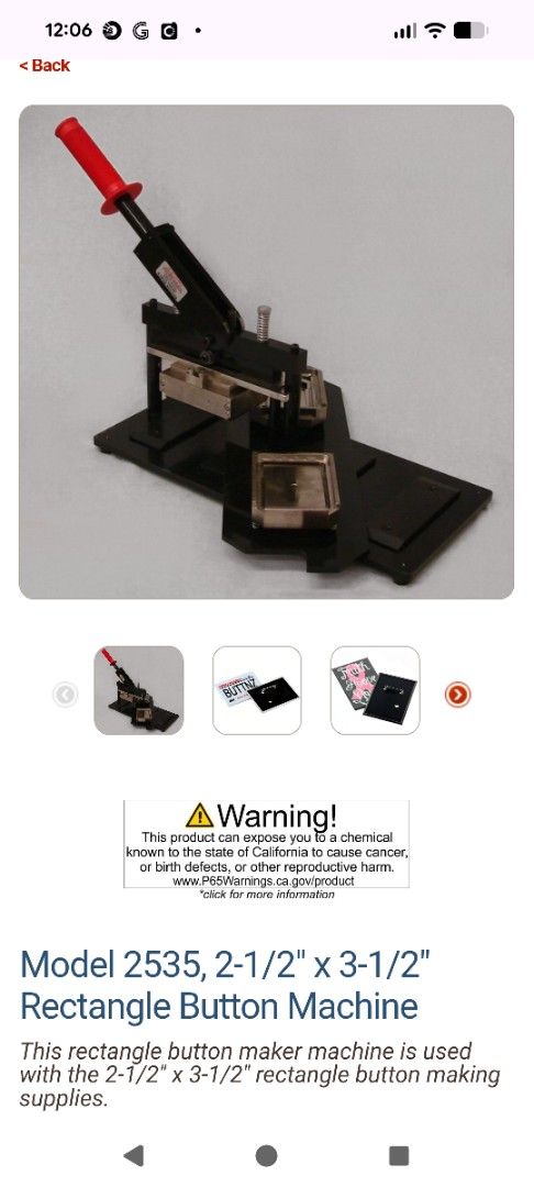 Model 2535 Rectangle Button Maker (Category: Craft Supplies & Tools) located in Singapore. Submitted by h4ppy888 (Listing ID 1405558763, Image 1). Description: Rectangle button maker machine is used with 2-1/2" x 3-1/2" rectangle button making supplies. Features all metal construction, cam-on-roller design, and a cushioned hand grip. Compact and lightweight for easy storage and transport. Made in USA..