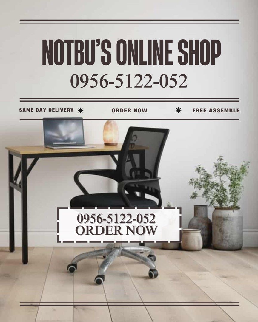 office chair and foldable computer table (Category: Office Furniture & Fixtures) located in Manila. Submitted by kellychz (Listing ID 1405675590, Image 1). Description: Office chair sale Foldable computer table sale Maganda quality Lowest price Direct bodega Available sizes for table 80 x 40 100 x 50 100 x 60 120 x 40 120 x 60 Mode of payment: cod gcash Pwedeng table lang Pwedeng office chair lang Order now Free assemble #officechair #foldablecom