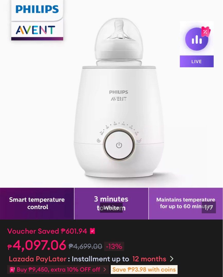 Philips Avent Bottle Warmer (Category: Breastfeeding & Bottle Feeding) located in Quezon City. Submitted by aaa0613 (Listing ID 1405709960, Image 1). Description: - Philips Avent bottle warmer - Warms bottles in 3 minutes - Features smart temperature control - Maintains temperature for up to 60 minutes - Dial with settings for different bottle sizes - Power cord included.