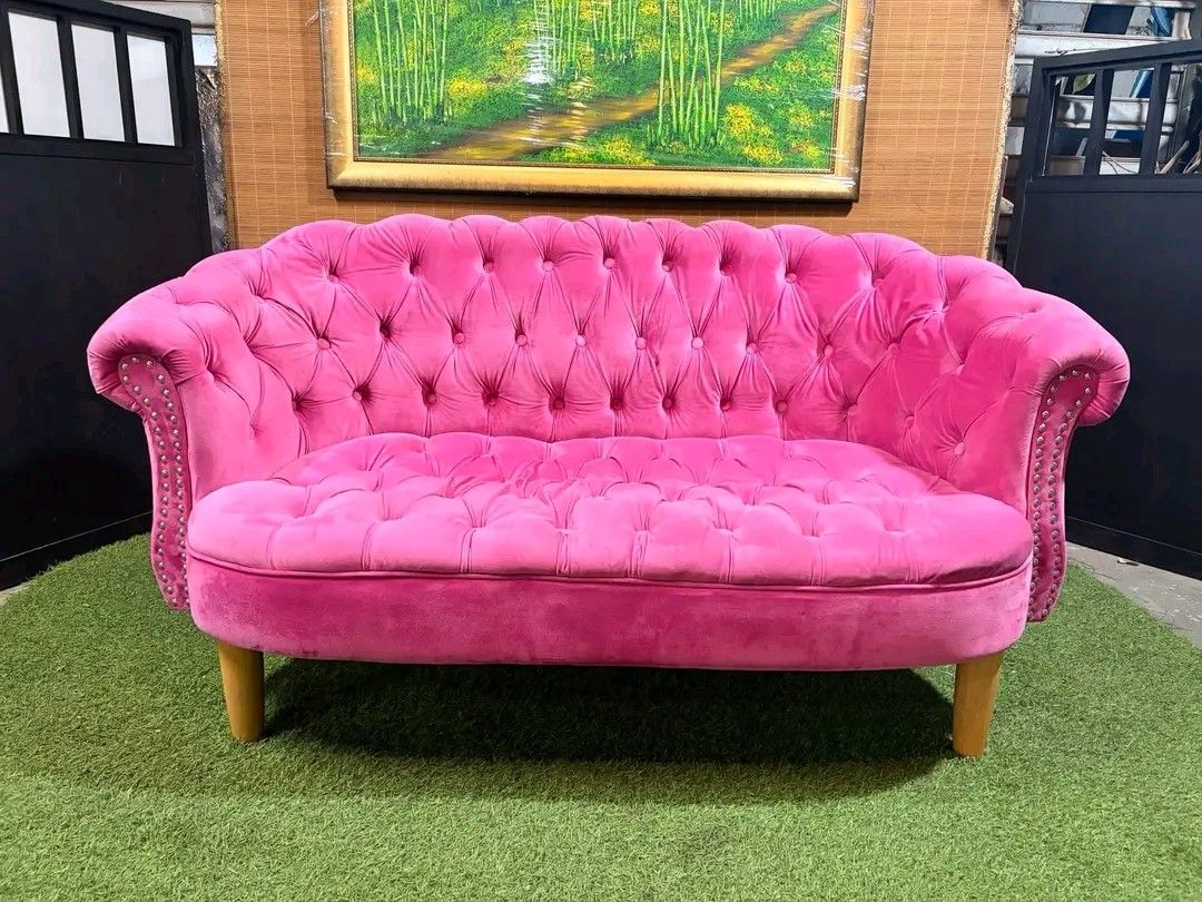 Pink Velvet Chesterfield Sofa (Category: Sofas) located in Valenzuela. Submitted by princeraya55649 (Listing ID 1405591960, Image 2). Description: Hot Pink Velvet Chesterfield Sofa / Loveseat Super Soft and Comfy!!! ANGGANDA!! MALINIS!! NO ISSUES!!! Google : This is a hot pink velvet two-seater Chesterfield sofa with nailhead trim Price : 10900 *VIDEO ON COMMENT 58L x 25W x 15H seat height inches Sandalan height 31 inches In VERY good condition C