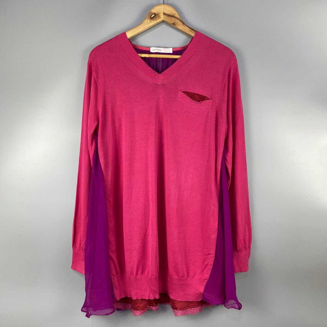 Sacai Luck V-Neck Switching Sweater (Category: Coats, Jackets and Outerwear) located in Los Banos. Submitted by getthatmoolah (Listing ID 1405539573, Image 1). Description: - Sacai Luck V-neck sweater - Unique design: pink body with purple sheer accents - Like new condition - Features: - Long sleeves - Pocket detail - Sheer back panel - Material: Cotton, silk, and rayon blend - Size: 2 Measurements: 18.50 inches width 31 inches length 17 inches s