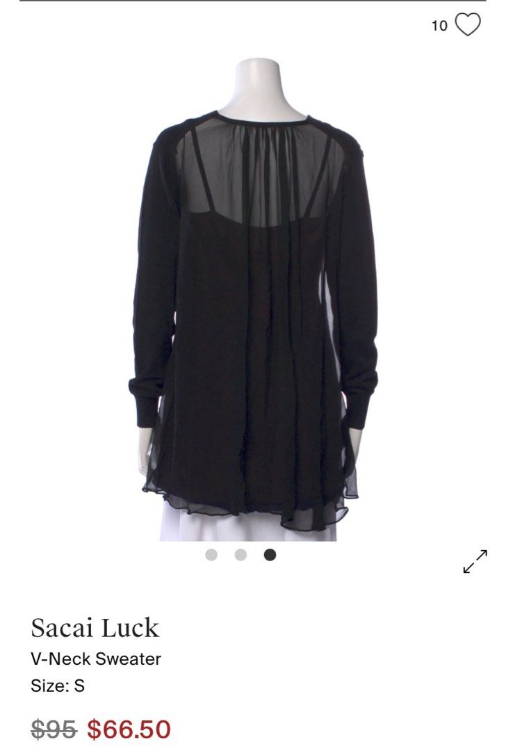 Sacai Luck V-Neck Switching Sweater (Category: Coats, Jackets and Outerwear) located in Los Banos. Submitted by getthatmoolah (Listing ID 1405539573, Image 3). Description: - Sacai Luck V-neck sweater - Unique design: pink body with purple sheer accents - Like new condition - Features: - Long sleeves - Pocket detail - Sheer back panel - Material: Cotton, silk, and rayon blend - Size: 2 Measurements: 18.50 inches width 31 inches length 17 inches s