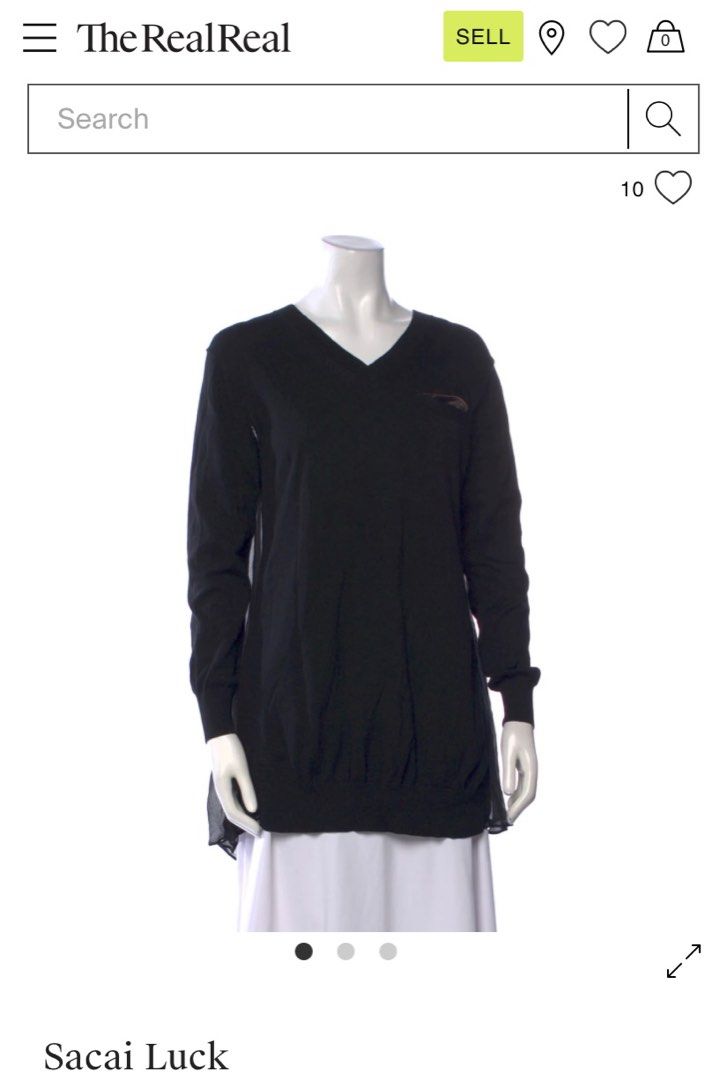 Sacai Luck V-Neck Switching Sweater (Category: Coats, Jackets and Outerwear) located in Los Banos. Submitted by getthatmoolah (Listing ID 1405539573, Image 2). Description: - Sacai Luck V-neck sweater - Unique design: pink body with purple sheer accents - Like new condition - Features: - Long sleeves - Pocket detail - Sheer back panel - Material: Cotton, silk, and rayon blend - Size: 2 Measurements: 18.50 inches width 31 inches length 17 inches s