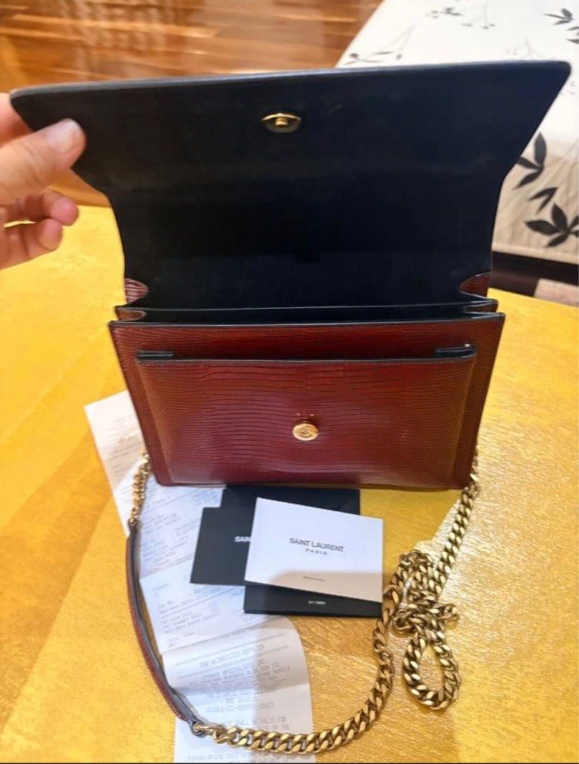 Saint Laurent Sunset Medium Bag (Category: Luxury Bags & Wallets) located in Caloocan City. Submitted by owie.monzon (Listing ID 1405571124, Image 2). Description: - Authentic Saint Laurent Sunset Medium Bag - Stunning burgundy color - Features chain strap and YSL logo - Includes original receipt and cards - Clean and well-maintained interior - Stylish and timeless design.