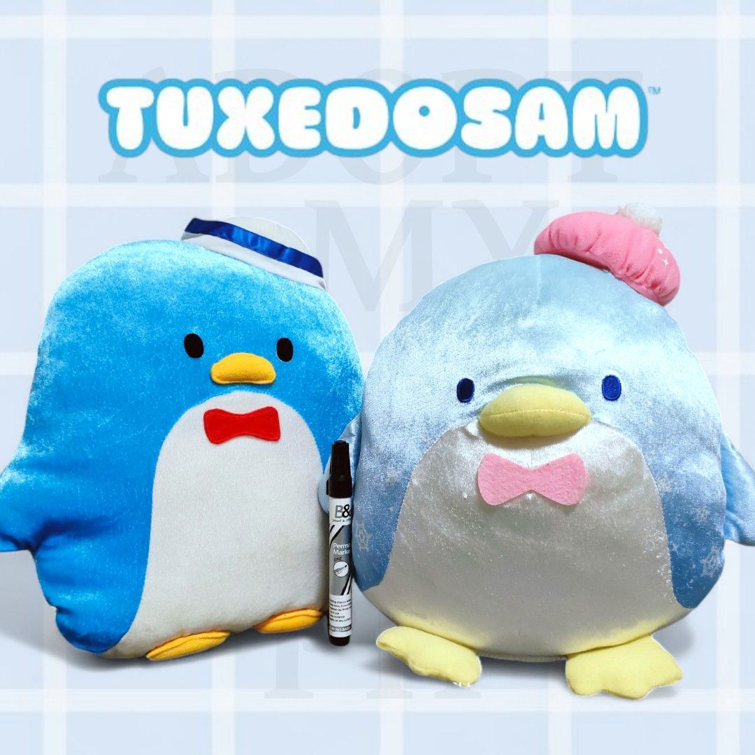 Sanrio Tuxedo Sam (penguin) plush (Category: Plushies & Soft Toys) located in Taguig. Submitted by adopt.my.plush.ph (Listing ID 1405645345, Image 1). Description: Tuxedo Sam (snow flakes) - 350.00 NWOT FuRyu Tuxedo Sam (cushion/throw pillow) - 250.00 NWOT Sanrio Smiles.