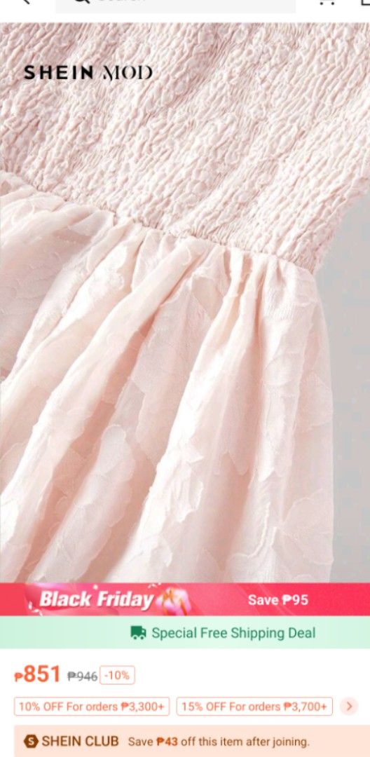 SHEIN MOD Pink Off-Shoulder Dress (Category: Dresses) located in Palayan City. Submitted by ynshl (Listing ID 1405559654, Image 2). Description: - SHEIN MOD pink off-shoulder dress - Size: S to M. but can fit to xs - Features a textured floral pattern - Design: Draped neckline, short length - Perfect for casual summer events or graduation.