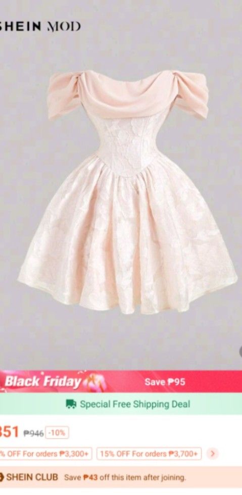 SHEIN MOD Pink Off-Shoulder Dress (Category: Dresses) located in Palayan City. Submitted by ynshl (Listing ID 1405559654, Image 1). Description: - SHEIN MOD pink off-shoulder dress - Size: S to M. but can fit to xs - Features a textured floral pattern - Design: Draped neckline, short length - Perfect for casual summer events or graduation.