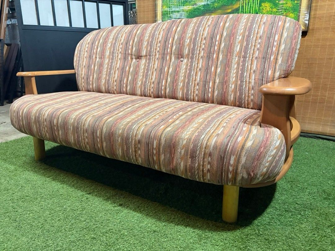 Vintage Wooden Sofa (Category: Sofas) located in Manila. Submitted by eloizavill76462 (Listing ID 1405639993, Image 2). Description: Mid-Century 3-Seater Sofa with Magazine Racks Solid Wood Accent, AESTHETIC Design Super Soft and Comfy, NO ISSUES!!! *VIDEO ON COMMENT 67L x 30W x 16H seat height inches Sandalan height 34 inches In VERY good condition .