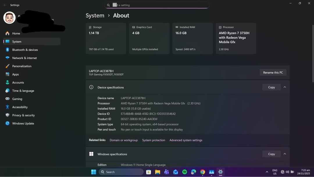 ASUS TUF X505DT (Category: Laptops & Notebooks) located in Cavite. Submitted by amile04 (Listing ID 1405808179, Image 3). Description: ASUS TUF FX505DT – Ryzen 7 + GTX 1650 – 16GB RAM – Great Condition, no scratches. Complete with Box and Bag! • Ryzen 7 3750H • GTX 1650 4GB • 16GB RAM (Upgraded) • 256GB SSD + 1TB HDD • Freshly repasted CPU & GPU (2025) – better temps • 15.6” FHD 120Hz • Windows 11 • Only issue: faded keycaps (purely cosmetic, all