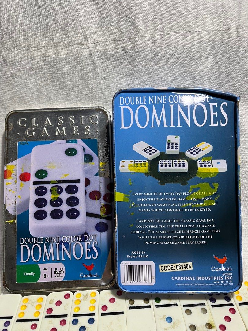 Cardinal Double Nine Color Dot Dominoes (Category: Board Games & Puzzles) located in Antipolo. Submitted by gettinghooked (Listing ID 1405712032, Image 3). Description: - Double Nine Color Dot Dominoes set - Full set with various colored dots - Comes in a metal tin for storage - Metal tin shows some wear and tear - Suitable for ages 8+ - Great for family play NOTE: - tiles need cleaning/washing; been in storage for years - dented tin can with pre