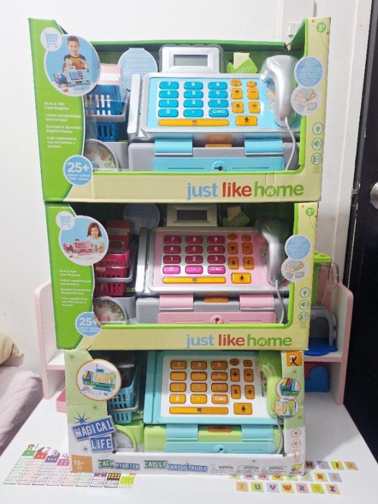 Cash Register Toy Set (Category: Kids Toys) located in Imus. Submitted by playfindsbyeli (Listing ID 1405712693, Image 1). Description: 🌟 Brand new Cash Register Toy Set 🌟 Super laki in actual, perfect gift this Christmas 🌟 Comes with barcode for scanning, microphones, grocery basket, accessories, and 3 AA batteries 🌟 French language Available colors: Tiffany Blue Grey/Pink Grey/Blue.