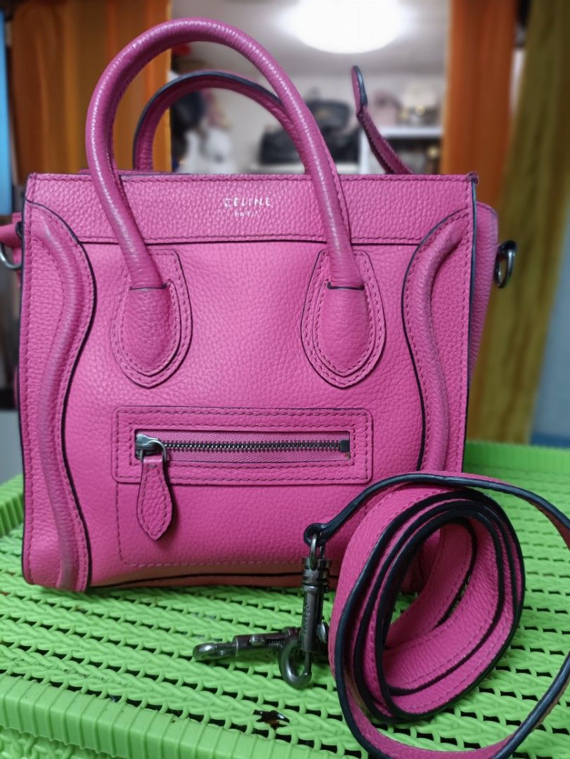 Celine Mini Luggage Handbag (Category: Luxury Bags & Wallets) located in Manila. Submitted by jjm-collections (Listing ID 1405716830, Image 1). Description: needs care! - Vibrant pink color - Top handle design - Detachable shoulder strap - Front zipper pocket - Spacious interior - Celine logo embossed - Interior shows some wear.