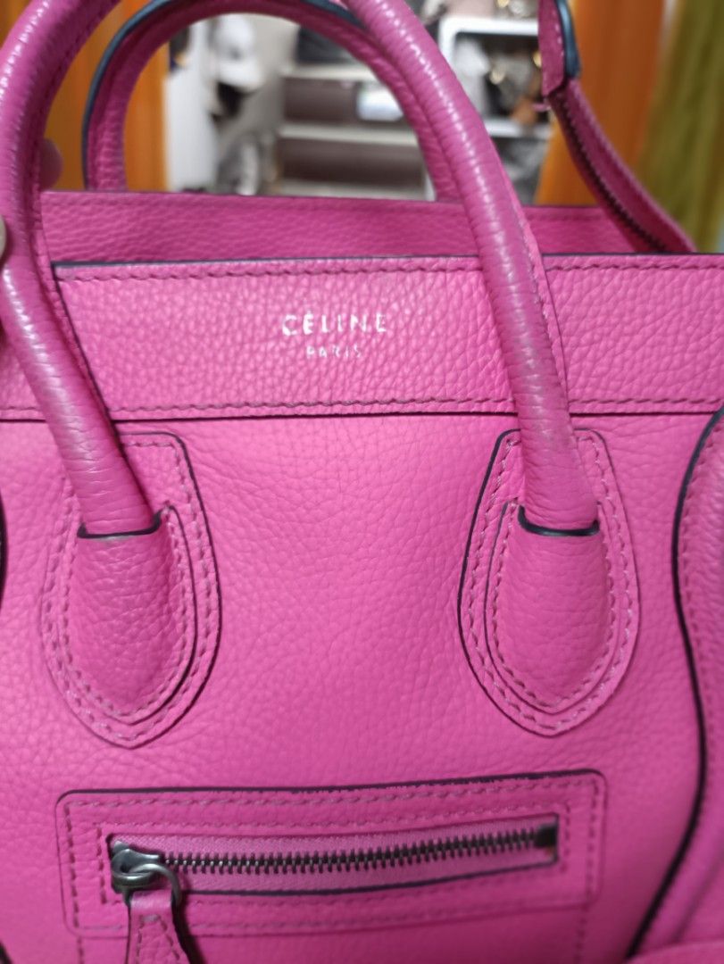 Celine Mini Luggage Handbag (Category: Luxury Bags & Wallets) located in Manila. Submitted by jjm-collections (Listing ID 1405716830, Image 2). Description: needs care! - Vibrant pink color - Top handle design - Detachable shoulder strap - Front zipper pocket - Spacious interior - Celine logo embossed - Interior shows some wear.