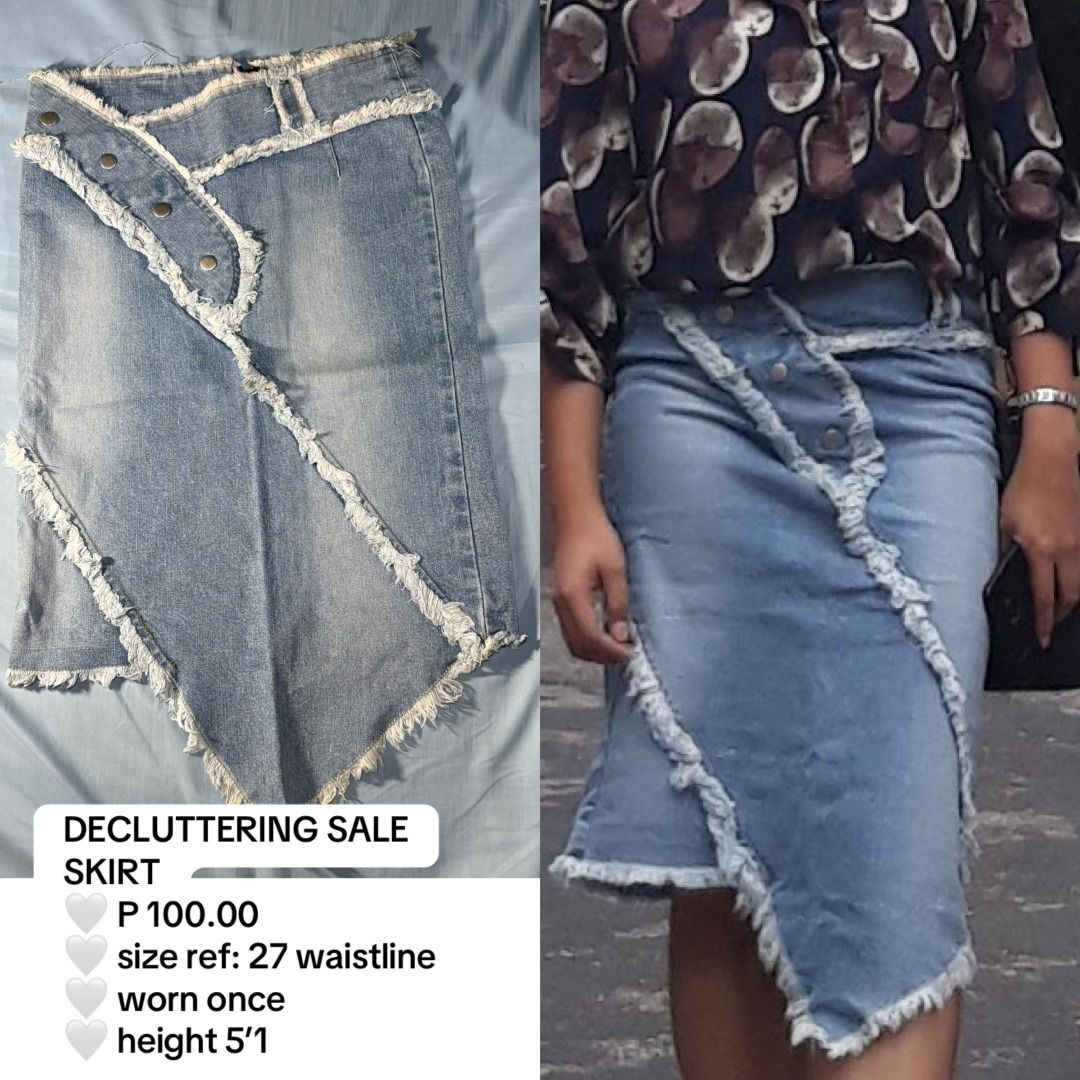 Denim Skirt with Frayed Edges (Category: Skirts) located in Quezon City. Submitted by korieyah (Listing ID 1405877713, Image 1). Description: - Unique asymmetrical denim skirt - Light blue wash - Button closure - Frayed edges - Waist: 27 inches - Worn once - Model height: 5'1".