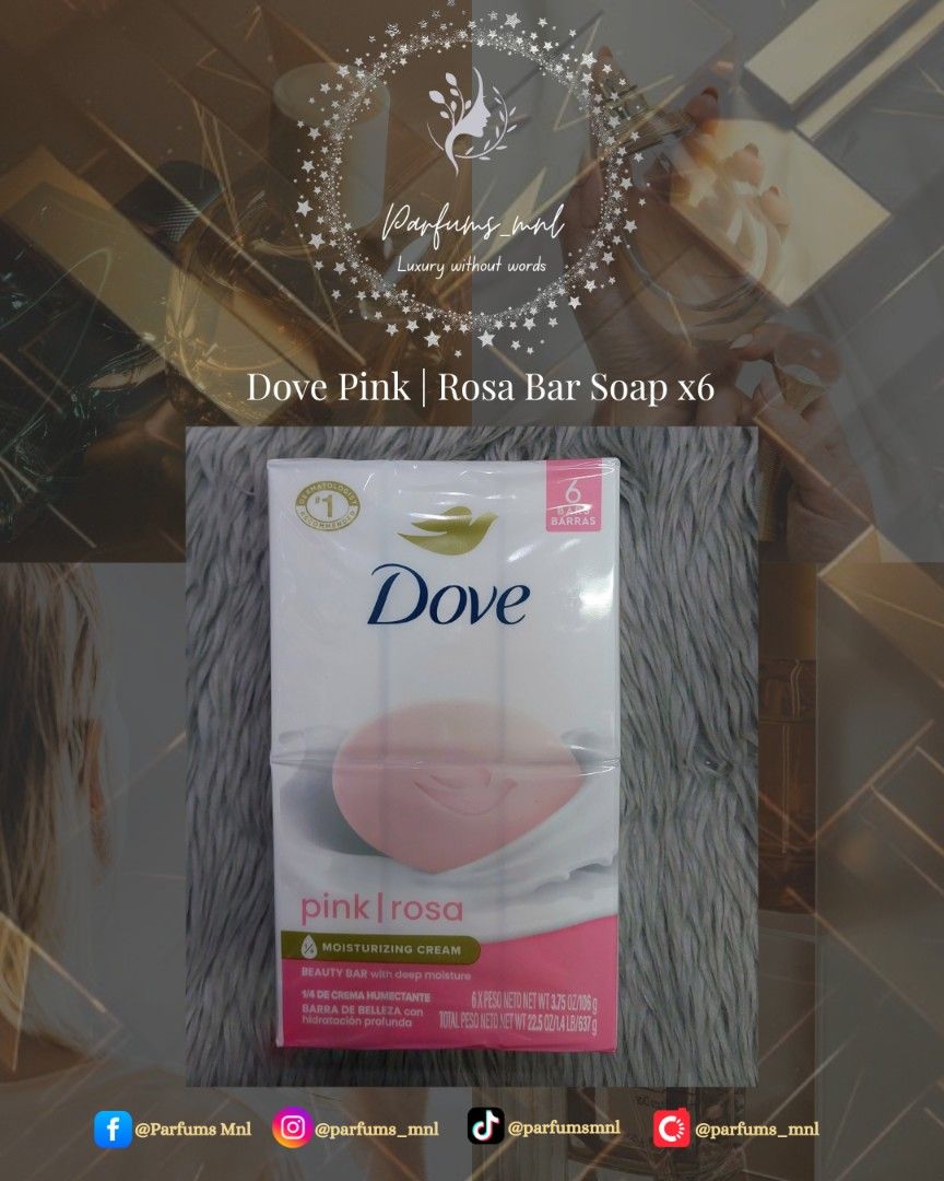 Dove Bar Soap x6 (sold per set) (Category: Body Care) located in Manila. Submitted by parfums_mnl (Listing ID 1405754028, Image 1). Description: Dove Pink Rosa Bar Soap ×6 Dove Original Bar Soap ×6 Dove Sensitive Bar Soap ×6 Dove Anti-Stress Bar Soap ×6 Dove Renewing Bar Soap ×6 Dove Glowing Bar Soap ×6 (sold individually) ❗PLS. READ❗ ⚠️Prices may change without prior notice❗ ✅All of our perfumes/products are 101% Guaranteed Original ✅Onhand Mani
