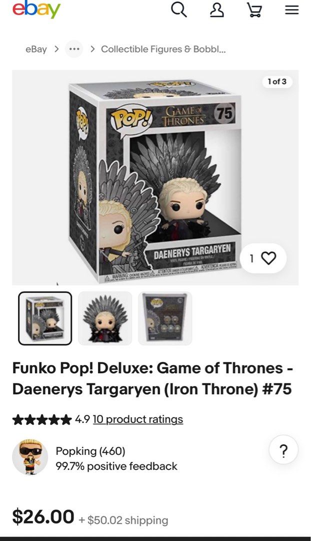 Funko Pop! Game of Thrones Daenerys Targaryen #75 (Category: Designer & Blind Box Toys) located in Quezon City. Submitted by starmax79 (Listing ID 1405589721, Image 2). Description: - Funko Pop! Daenerys Targaryen vinyl figure. - From the Game of Thrones series. - Figure number 75. - Brand new, in original packaging. - Box features Pop! and Game of Thrones branding. - Warning: Contains small parts. Not suitable for children under 36 months..