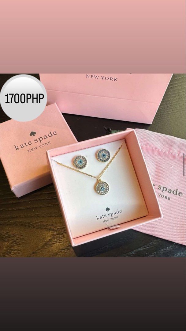 Kate Spade Necklace and Earrings Set AUTHENTIC (Category: Necklaces) located in Baliuag. Submitted by zuuki (Listing ID 1405786738, Image 1). Description: - Kate Spade jewelry set - Includes necklace and matching earrings - Gold-tone finish - Features round pendant and earrings - Adorned with blue and clear crystals - Comes with original box and pouch.