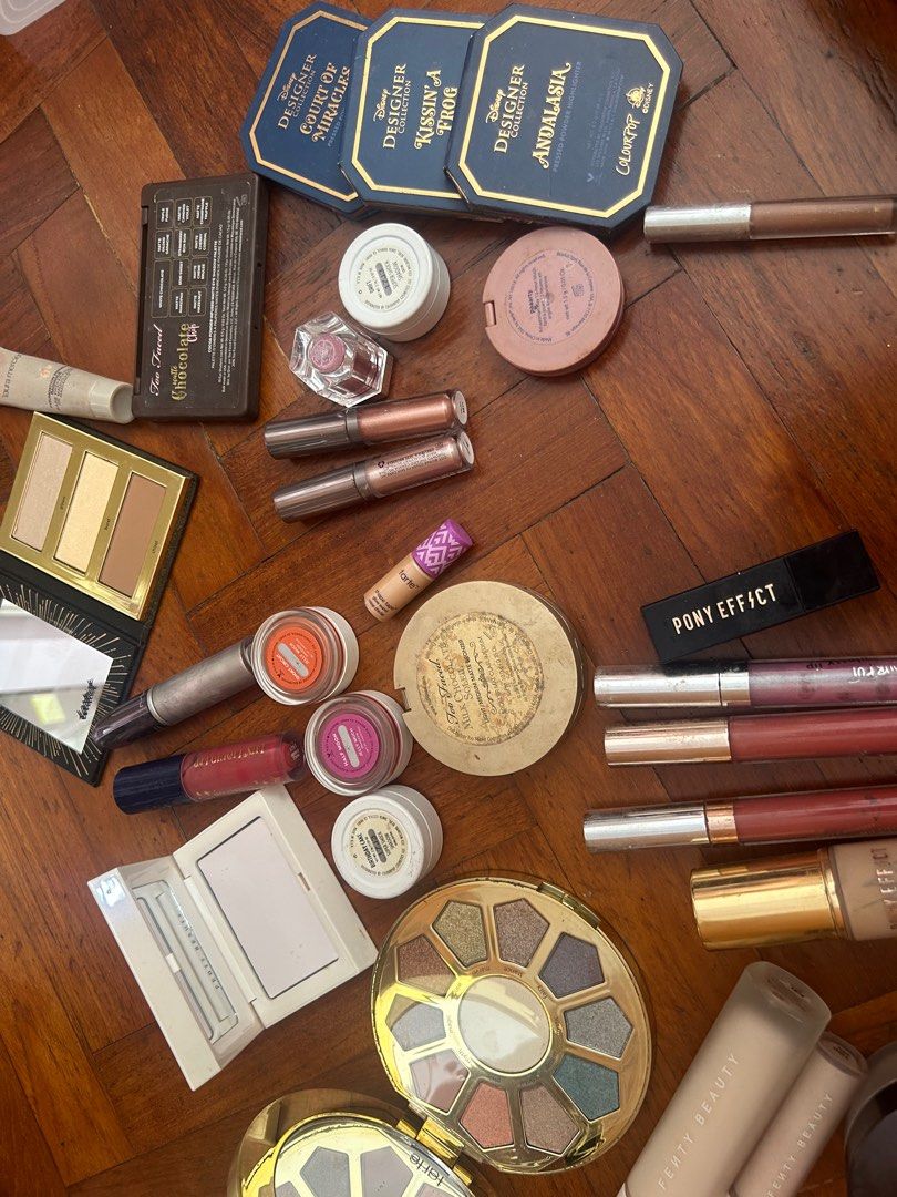 Makeup clearance bundle (Category: Makeup) located in Singapore. Submitted by violet.staycations (Listing ID 1405740745, Image 2). Description: Fenty pro filt’r foundation and concealer, all-over metallic powder raspberry rave Tarte make believe in yourself palette Fenty blotting powder in universal Tarte shape tape concealer, amazonian clay blush, tartiest pro glow to go palette Colourpop super shock shadow, jelly pop shadow, ultra glossy lip, D